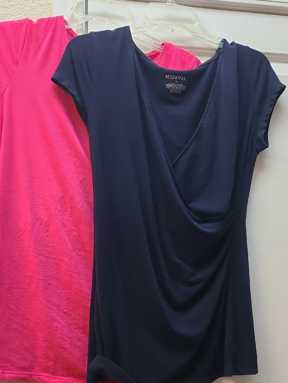MERONA Cross Cut, Right Gather T Shirts. Set Of 2! Size Small. Fuschia And Navy